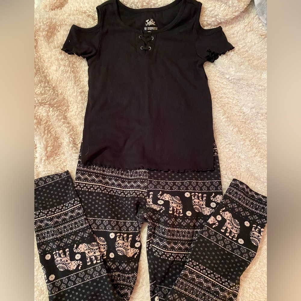 Girls legging set size 10 Justice cold shoulder black top w Poof leggings